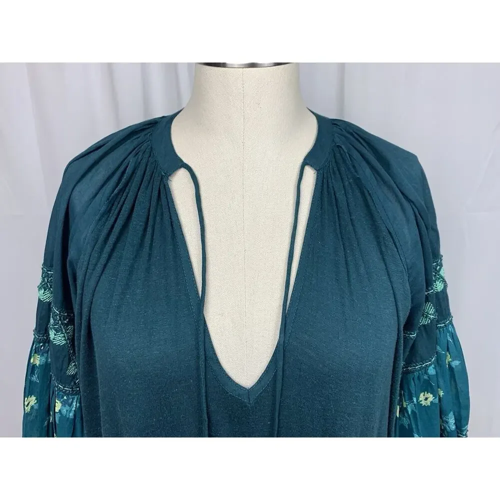 Free People Mix It Up Tunic Dress Balloon Sleeve Teal Blue Green Size S BNWT